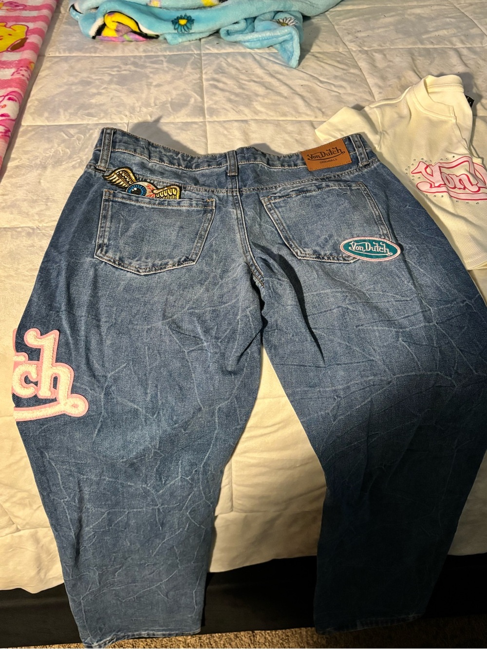 Von Dutch Blue Denim Jeans with Pink & Teal Patches - Picture 5 of 8